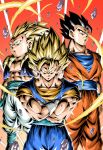  3boys black_eyes black_hair blonde_hair blue_eyes closed_mouth commentary_request crossed_arms dougi dragon_ball dragon_ball_z earrings gloves gotenks highres jewelry metamoran_vest multiple_boys potara_earrings rock saiyan sash serious smile son_gohan spiked_hair standing super_saiyan super_saiyan_1 super_saiyan_3 vegetto white_gloves youngjijii 