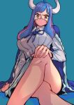 1girl aosora2823 blue_background blue_hair breasts cape highres horns large_breasts long_hair multicolored_hair neck_ribbon one_piece pink_eyes pink_hair ribbon shirt sitting skirt solo striped striped_shirt thighs twitter_username ulti_(one_piece) white_shirt 