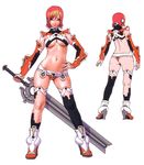  absurdres armor ass back bikini_armor boots breasts character_sheet detached_sleeves green_eyes hand_on_hip high_heels highres lowleg medium_breasts midriff red_hair rudy_(yamashita_shunya) shoes short_hair smile star sword tattoo underboob weapon wide_hips wild_flower yamashita_shun'ya 