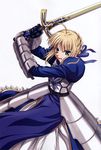  absurdres ahoge armor artoria_pendragon_(all) black_gloves blonde_hair blue_dress blue_ribbon blush braid breastplate caliburn dress fate/stay_night fate_(series) french_braid gauntlets gloves green_eyes hair_ribbon highres holding holding_sword holding_weapon ishihara_megumi juliet_sleeves long_sleeves official_art open_mouth puffy_sleeves ribbon saber simple_background solo sword weapon white_background 