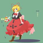  blonde_hair blue_eyes boots bow bubble_skirt cross-laced_footwear dress flower full_body g-goro gloves green_background hair_bow lace-up_boots lily_of_the_valley medicine_melancholy ribbon short_hair simple_background skirt solo su-san touhou walking water_drop 