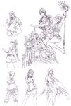  6+girls absurdres animal_ears armor armpits back breasts castle cleavage flower greyscale hair_flower hair_ornament highres knife large_breasts long_hair looking_back midriff monochrome multiple_girls short_hair staff sword tail thighhighs twintails underboob weapon wild_flower yamashita_shun'ya 