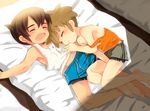  2boys armpit armpits bad_id belly_button bike_shorts brown_hair child endou_mamoru futon inazuma_eleven inazuma_eleven_(series) kyatapira multiple_boys navel open_mouth shirt short_hair shota sleeping spats strap_slip t-shirt tachimukai_yuuki underwear 