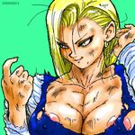  android_18 blonde_hair breasts dragon_ball dragon_ball_z earrings green_eyes jewelry large_breasts lowres messy_hair nipples oekaki simple_background solo torn_clothes 