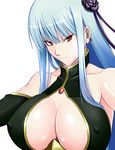  52siki bare_shoulders big_breasts blue_hair breasts cleavage earrings erect_nipples female hair_ornament jewelry large_breasts long_hair military military_uniform red_eyes selvaria_bles senjou_no_valkyria senjou_no_valkyria_1 simple_background solo uniform white_background 