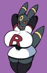  2018 anthro big_breasts black_fur breasts clothing digital_media_(artwork) eeveelution female fur huge_breasts hyper hyper_breasts looking_at_viewer mr.under nintendo open_mouth pok&eacute;mon pok&eacute;mon_(species) simple_background smile solo umbreon uniform video_games 