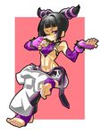  1girl abs breasts capcom cleavage han_juri highres simple_background smile solo squemezzo street_fighter wink 