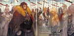  armor army beard cape character_request facial_hair fate/zero fate_(series) flag fur helmet highres ionioi_hetairoi male_focus morii_shizuki multiple_boys mustache polearm red_hair rider_(fate/zero) shield shirtless soldier spear sword turban war weapon 