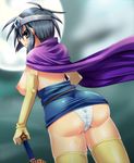  ass belt black_hair breasts cape celi circlet dragon_quest dragon_quest_iii dress elbow_gloves from_behind gloves green_eyes large_breasts looking_back panties pussy_juice roto short_dress short_hair solo sword thighhighs underwear weapon wet wet_clothes wet_panties 