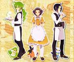  3boys ? ahoge black_(pokemon) black_hair blue_eyes blush brown_hair cake cheren_(pokemon) crossdress crossdressing cup food frown glasses green_eyes green_hair headdress long_hair mijumaru multiple_boys n_(pokemon) plate pokabu pokemon pokemon_(game) pokemon_black_and_white ponytail red_eyes short_hair steam touya_(pokemon) trap tsutaaja waiter waitress 