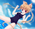  animal_ears brown_hair cat_ears cat_tail dutch_angle einpurpose fang long_hair one-piece_swimsuit original red_eyes school_swimsuit solo swimsuit tail twintails 