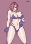  bikini blue_eyes bra breasts curvy female gloves hair_over_one_eye king_of_fighters kof large_breasts lingerie nipples panties papepox2 red_hair short_hair simple_background snk solo standing swimsuit thighs underwear vanessa 