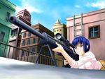  1girl assassin_lesson_kioku_no_youin_shoujo blue_hair day daylight game_cg gun h&amp;k_psg_1 outdoors rifle riflescope short_hair sky sniper sniper_rifle sniping solo weapon 