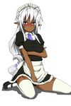  :&lt; apron blush breast_hold breasts dark_elf dark_skin elf highres kurobuta_(iina) long_hair maid maid_headdress mary_janes medium_breasts pointy_ears red_eyes sansei_muramasa shoes sitting solo soukou_akki_muramasa sweat thighhighs white_hair white_legwear 