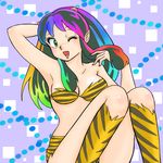  1girl bikini blue_eyes breasts female gradient_hair green_hair horns legs long_hair lum multicolored_hair oni rainbow_hair smile solo swimsuit thighs urusei_yatsura 