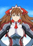  alicia_melchiott breasts brown_eyes brown_hair female hands_on_hips hernet long_hair military military_uniform outdoors senjou_no_valkyria senjou_no_valkyria_1 sky solo twintails uniform 