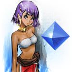  breasts cleavage commentary_request dark_skin earrings fushigi_no_umi_no_nadia hair_ornament hairclip hoop_earrings jewelry nadia neck_ring octahedron purple_hair short_hair solo strapless tubetop 