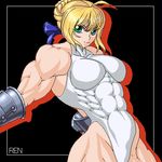  artoria_pendragon_(all) blonde_hair fate/stay_night fate_(series) gauntlets green_eyes hair_bun leotard lowres muscle ren_(tainca2000) ribbon saber 