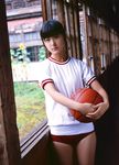  ball basketball black_hair buruma gym_uniform long_hair lowres photo solo 