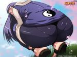  ass banned_artist blue_eyes blue_hair cyberunique from_behind from_below hyuuga_hinata naruto_(series) naruto_shippuuden pantylines sandals shorts solo squatting yin_yang 
