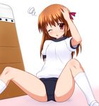  :o bow brown_hair buruma copyright_request gym_uniform hair_bow hand_on_own_head itoji kneehighs one_eye_closed red_eyes shoes sitting solo spread_legs squiggle vaulting_horse white_legwear wince 