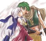  couple elbow_gloves eyes_closed fingerless_gloves fire_emblem fire_emblem:_akatsuki_no_megami fire_emblem_radiant_dawn gloves green_hair hair_ribbon kiss kissing long_hair lowres micaiah pantyhose ribbon scarf short_hair silver_hair sothe surprise surprised wrist_grab wristband yellow_eyes 