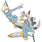  animal_ears blonde_hair blue_eyes cl-55 eila_ilmatar_juutilainen ermine_ears fox_ears fox_tail long_hair nikka_edvardine_katajainen pantyhose short_hair strike_witches striker_unit striker_units tail uniform white_legwear white_pantyhose 