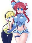  2girls agemono blonde_hair blue_eyes blush breast_envy breasts cameltoe cleavage erect_nipples fuuro_(pokemon) gloves gym_leader halter_top halterneck headphones kamitsure_(pokemon) large_breasts multiple_girls naitou_kouse navel open_mouth pantyhose pokemon pokemon_(game) pokemon_black_and_white poking red_hair shocked short_hair shorts side_ponytail surprised sweat 