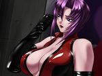  1girl aoyama_minako blue_eyes breasts center_opening cleavage cleavage_cutout dominatrix elbow_gloves erect_nipples escalation escalation_hardcore female gloves huge_breasts inoue_takuya large_breasts latex latex_gloves lipstick makeup mirror purple_hair red_leather solo vinyl 
