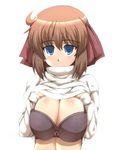  blue_eyes blush bow bra breast_suppress breasts brown_hair cleavage female hair_ribbon large_breasts lingerie ribbon simple_background solo sweater sweater_lift underwear white_background 