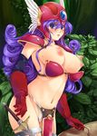  armor bikini_armor bouncing_breasts breasts dragon_quest dragon_quest_iii gloves helmet kirishima_satoshi large_breasts long_hair navel nipples purple_eyes purple_hair red_armor soldier_(dq3) solo sword wardrobe_malfunction weapon winged_helmet 