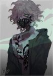  coat danganronpa danganronpa_3 flower green_coat green_eyes grey_background jambi komaeda_nagito mask medium_hair no_shirt rose scorpion super_danganronpa_2 white_hair 