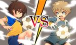  2boys ball brown_hair handa_shin'ichi handa_shinichi inazuma_eleven inazuma_eleven_(series) multiple_boys short_hair soccer soccer_ball tachimukai_yuuki versus vs 