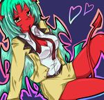  &lt;3 breasts female green_hair heart hearts horns large_breasts long_hair necktie open_mouth panties panty_&amp;_stocking_with_garterbelt scanty scanty_(psg) school_uniform sitting solo tail underwear very_long_hair yellow_eyes 