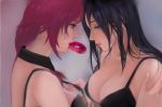  2girls absurdres alternate_hairstyle bangs bare_shoulders black_bra black_hair blue_eyes blush bra breasts caitlyn_(league_of_legends) cleavage closed_mouth doughnut embarrassed eyebrows_visible_through_hair facial_tattoo food food_in_mouth grabbing hair_between_eyes hand_on_another&#039;s_shoulder highres large_breasts league_of_legends lipstick long_hair looking_at_another looking_away looking_to_the_side makeup meowlian multiple_girls pink_hair shy standing tattoo underwear upper_body vi_(league_of_legends) yuri 