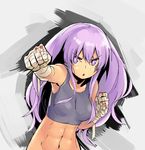  abs bad_id bad_pixiv_id bandages blood clenched_hands kiwa_(a-bell-abi) long_hair navel original punching purple_eyes purple_hair solo 