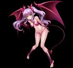  00s 1girl bare_legs bare_shoulders bat_wings bikini breasts bridal_gauntlets curvy demon_girl female full_body hamstring happy kagami_hirotaka lilim_(taimanin_asagi_battle_arena) lilith-soft long_hair looking_at_viewer partially_visible_vulva pointy_ears smile solo succubus swimsuit tail taimanin_(series) taimanin_asagi taimanin_rpgx thong twintails wings 