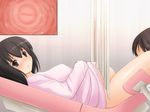  1girl blush bottomless brown_eyes brown_hair censored curtain curtains doctor examination gynecologist inset legs looking_at_viewer miyuuhodoh myu-po original pregnant short_hair solo_focus thighs 