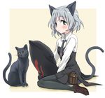  animal_ears bad_id bad_pixiv_id cat cat_ears cat_tail e-n green_eyes military military_uniform necktie pantyhose pillow sanya_v_litvyak short_hair silver_hair solo strike_witches tail uniform world_witches_series 