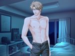  bedroom blonde_hair glasses kichiku_megane navel nipples saeki_katsuya shirtless short_hair smile 