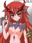  aldora aldra_(queen's_blade) breasts demon_girl gold_eyes horns long_hair maokyu midriff pointy_ears queen&#039;s_blade queen's_blade red_hair yellow_eyes 