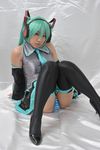  aqua_eyes aqua_hair coki cosplay detached_sleeves hatsune_miku headset highres mizuki_akira panties pantsu photo striped striped_panties thighhighs underwear vocaloid 