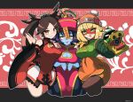  3girls :p absurdres arms_(game) beanie blonde_hair blue_skin bob_cut breasts brown_hair chinese_clothes cleavage cleavage_cutout clothing_cutout colored_skin cropped_legs detached_sleeves domino_mask dragon_(arms) dress green_eyes guilty_gear hat highres jiangshi kuradoberi_jam lei_lei long_hair mask min_min_(arms) multiple_girls ofuda omura_zojiki purple_hair short_dress short_hair talisman tongue tongue_out vampire_(game) yellow_eyes 