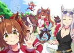  6+girls animal_ears aston_machan_(umamusume) bangs black_one-piece_swimsuit braid breasts brown_hair buruma cleavage cosplay crown daiwa_scarlet_(umamusume) ear_covers eyewear_on_head facing_viewer gold_ship_(run_revolt_launcher)_(umamusume) gold_ship_(umamusume) green_eyes hair_ornament hair_ribbon hair_scrunchie horse_ears horse_girl horse_tail jacket jewelry long_hair looking_at_viewer mejiro_mcqueen_(umamusume) mini_crown multicolored_hair multiple_girls necklace official_alternate_costume one-piece_swimsuit one_eye_closed open_mouth orange_hair pantyhose_under_shorts pink_ribbon pokemon ponytail quagsire red_jacket red_scrunchie ribbon scrunchie side_braid side_ponytail silence_suzuka_(umamusume) smile special_week_(umamusume) stairs streaked_hair sunglasses swept_bangs swimsuit tail tenten_(chan4545) tokai_teio_(umamusume) tracen_training_uniform track_jacket tripping twintails two-tone_hair umamusume vodka_(umamusume) vodka_(umamusume)_(cosplay) 