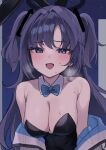  1girl animal_ears bangs black_hair blue_archive blue_bow blue_bowtie blue_eyes bow bowtie breasts cleavage detached_collar large_breasts long_hair looking_at_viewer open_mouth parted_bangs playboy_bunny rabbit_ears reel_(riru) solo sweat two_side_up yuuka_(blue_archive) 