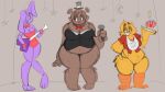  animatronic anthro avian beak bib big_breasts bird bird_feet black_clothing black_topwear bonnie_(fnaf) bootyjam bottomless bow_tie breasts brown_body brown_fur buckteeth chica_(fnaf) chicken cleavage clothed clothing crossgender crotch_tuft cupcake_(fnaf) eyelashes female five_nights_at_freddy&#039;s floppy_ears freddy_(fnaf) fur galliform gallus_(genus) grey_background group guitar hand_on_hip hat head_tuft headgear headwear holding_microphone holding_object huge_breasts lagomorph leotard leporid looking_at_viewer lop_ears machine mammal microphone musical_instrument navel one_eye_closed one_eye_obstructed open_mouth overweight overweight_female phasianid pink_clothing pink_leotard playing_guitar playing_music plucked_string_instrument purple_body purple_fur rabbit red_clothing red_shirt red_topwear robot scottgames sharp_teeth shirt simple_background string_instrument teeth thick_thighs toothed_beak top_hat topwear trio tuft ursid video_games wide_hips wink winking_at_viewer yellow_body yellow_fur 