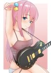  1girl arms_up bangs blue_eyes blush bocchi_the_rock! breasts cleavage closed_mouth covered_nipples cube_hair_ornament gotou_hitori guitar hair_between_eyes hair_ornament highres instrument large_breasts long_hair looking_at_viewer one_side_up panties pink_hair sakieko simple_background sitting solo tank_top underwear white_panties 