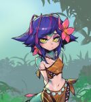  1girl arms_behind_back bangs bare_shoulders breasts brown_skirt colored_skin crop_top flower green_skin hair_flower hair_ornament league_of_legends medium_hair navel neeko_(league_of_legends) orange_shirt outdoors phantom_ix_row pink_flower pink_hair purple_hair shiny shiny_hair shiny_skin shirt skirt small_breasts solo stomach tail tree yellow_eyes 