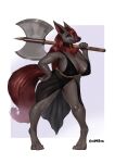  absurd_res anthro axe battle_axe big_breasts black_body breasts canid canine cleavage clothed clothing female goldmikun hair hi_res holding_axe mammal melee_weapon panties red_hair solo translucent translucent_clothing underwear weapon 