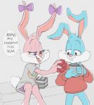  2022 anonymous_artist anthro babs_bunny beverage blue_body blue_skin blush buckteeth buster_bunny christmas coffee coffee_cup container cotton_tail cup digital_media_(artwork) duo female folgers_coffee gift holidays lagomorph leporid male mammal pink_body pink_skin rabbit sitting teeth tiny_toon_adventures warner_brothers 